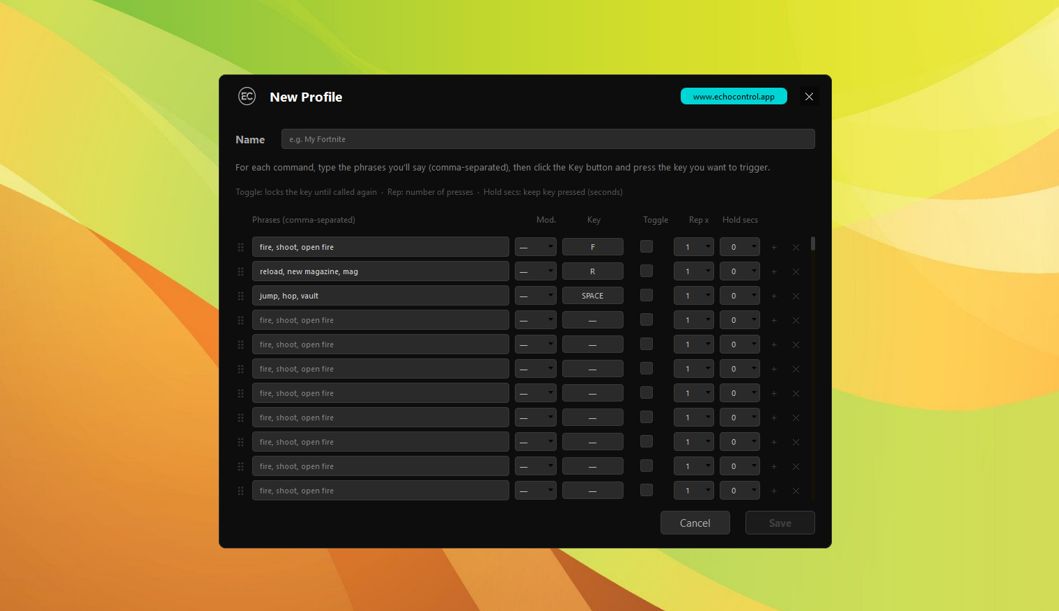 The Custom Profile builder: a table of phrases mapped to keys, with toggle, repeat and hold-time columns