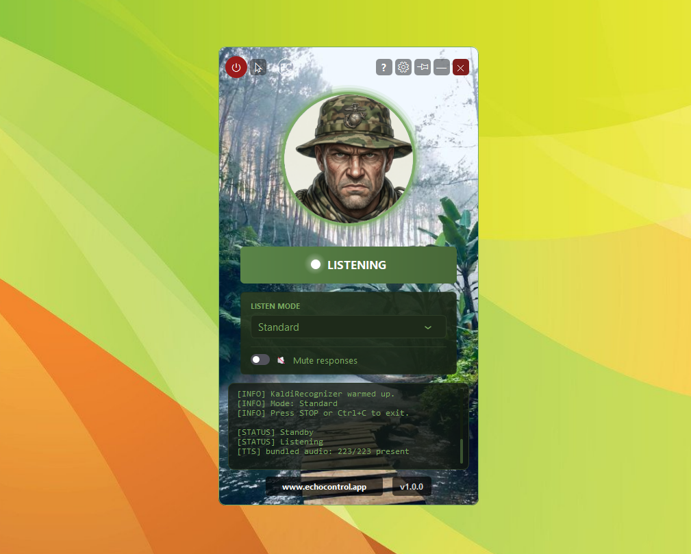 EchoControl overlay for Delta Force, with a soldier portrait icon and a green military-style background