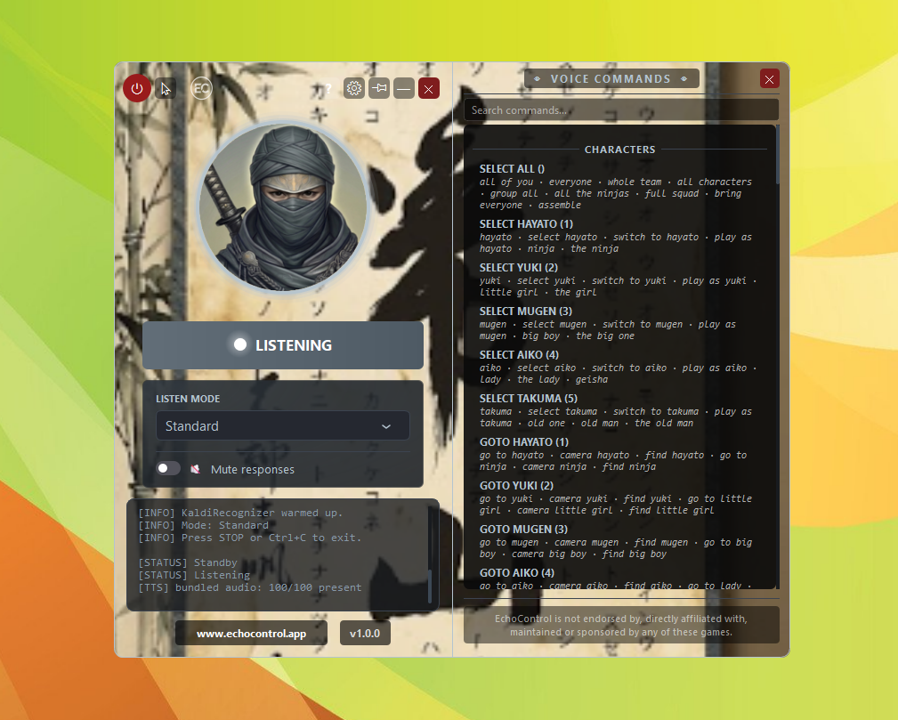EchoControl overlay for Shadow Tactics, with a ninja icon, an ink-style background, and the character command list open