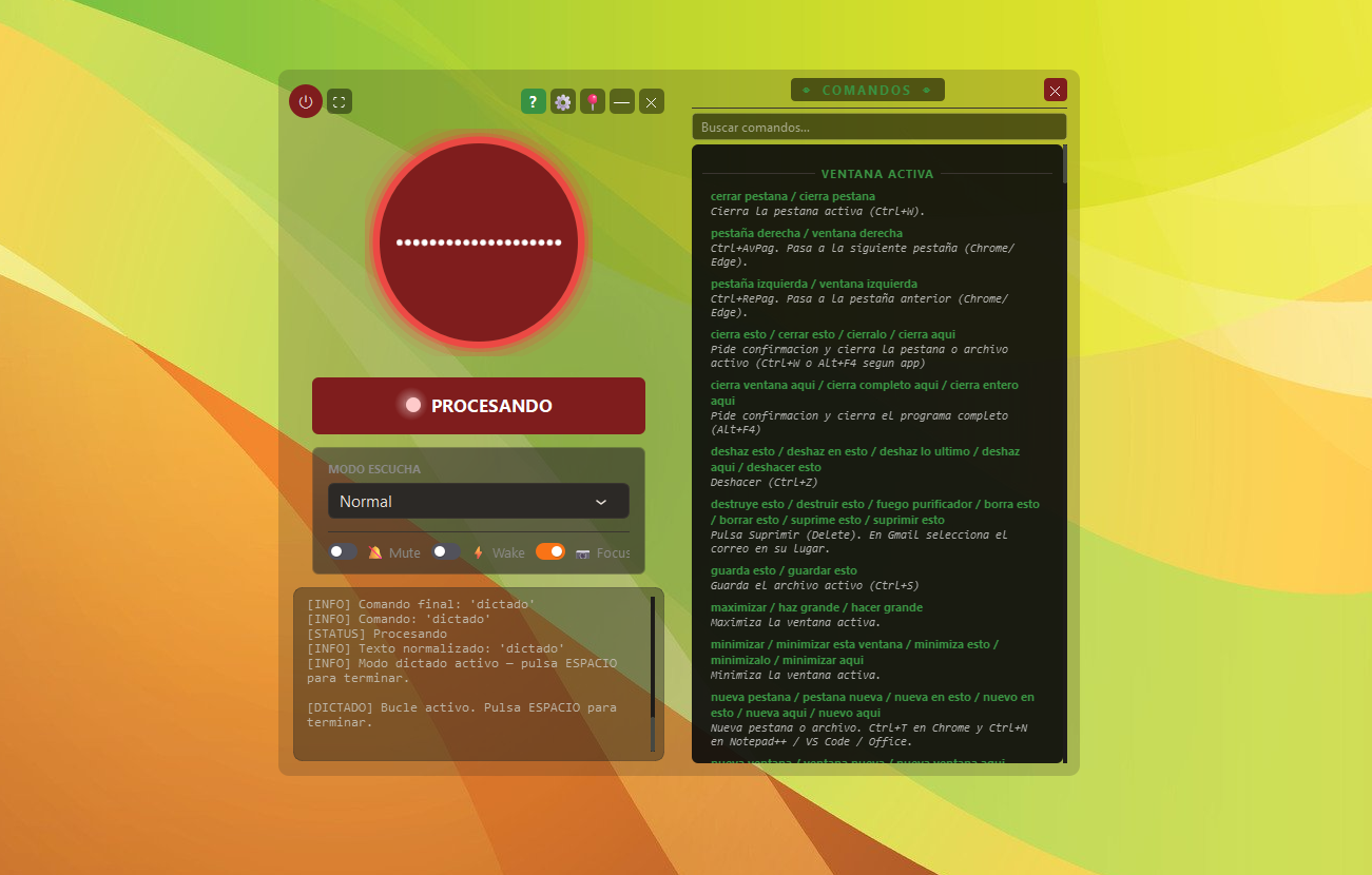 Lucía's command list, showing fixed phrases like "close tab" mapped directly to a keyboard shortcut (Ctrl+W)