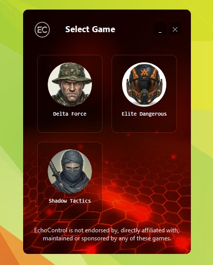 An early version of the Select Game screen: round game icons for Delta Force, Elite Dangerous, and Shadow Tactics over a yellow-green hexagon-pattern background