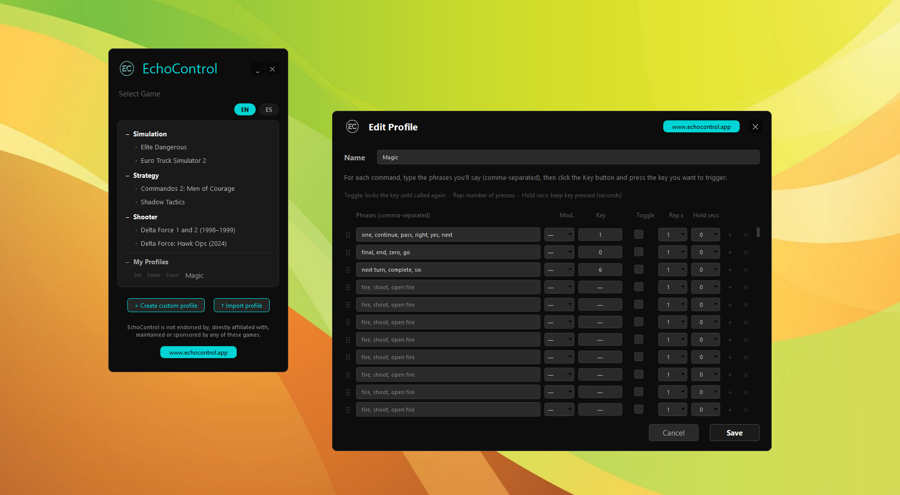 EchoControl's game selector next to the Custom Profile editor, with the phrases "one, continue, pass, right, yes, next" mapped to key 1