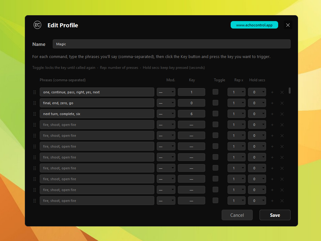 The EchoControl Custom Profile editor for a profile named "Magic", with phrases like "next turn, complete, six" mapped to key 6