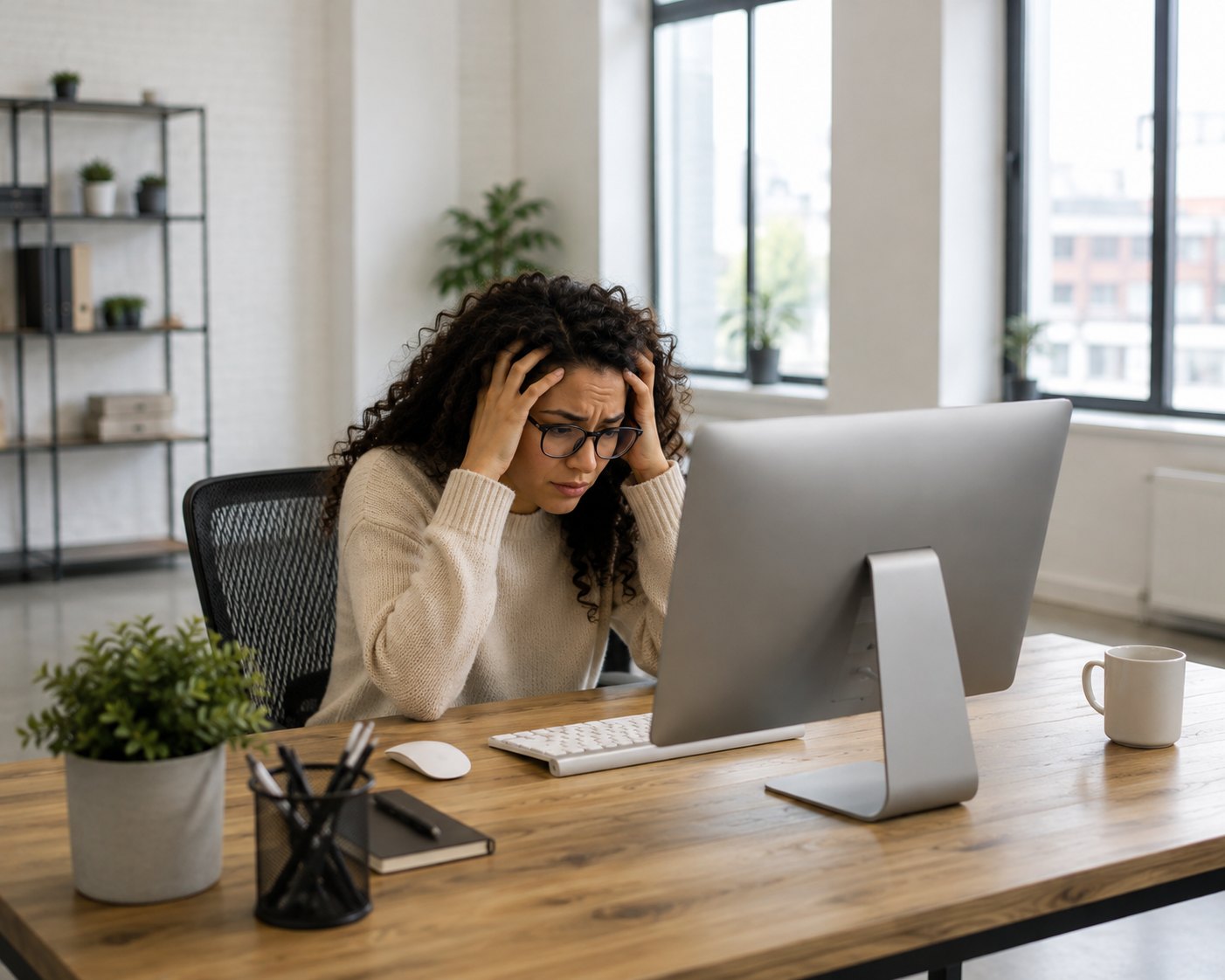 A frustrated person at their desk, hands on their head, looking at the monitor