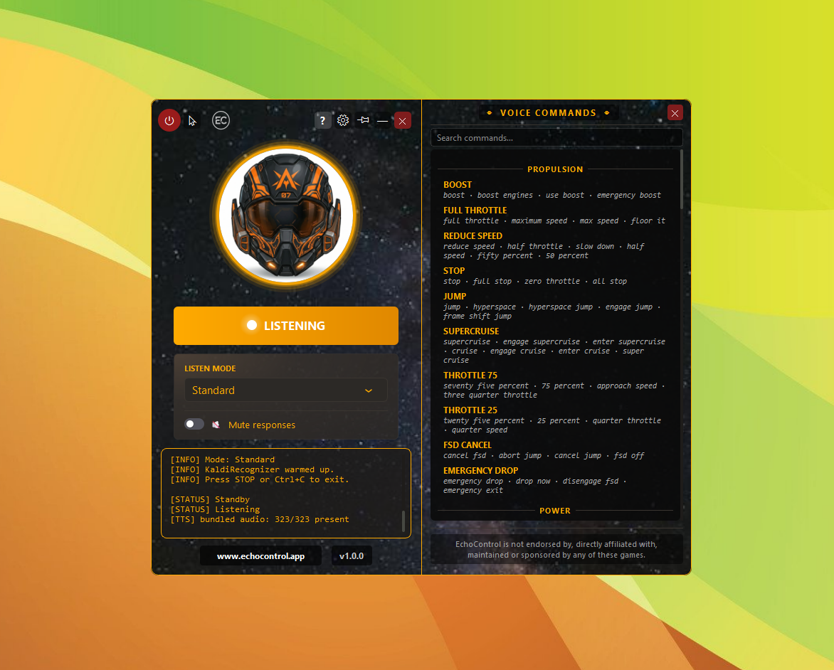 EchoControl listening for a command, with the Elite Dangerous command list open showing categories like Propulsion and Power