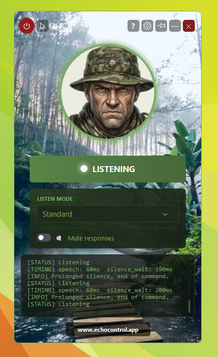 EchoControl's Delta Force-themed voice control overlay, listening in the background during gameplay