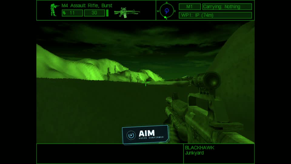 Delta Force with the rifle lowered as the player says aim