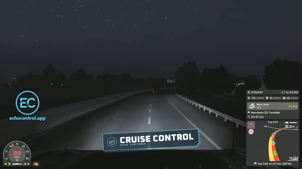 Euro Truck Simulator 2 truck at 89 km/h on a night motorway while the driver says cruise control to EchoControl