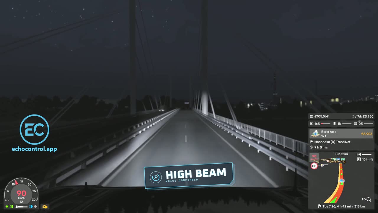 Euro Truck Simulator 2 at night on a motorway bridge at 90 km/h, high beam switched on by voice with EchoControl