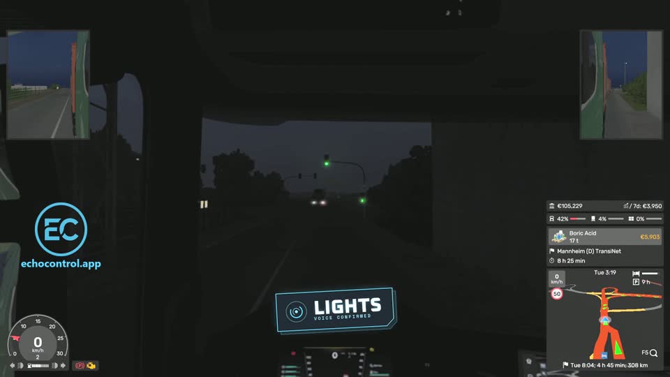 Dark road in Euro Truck Simulator 2 at the moment the driver says lights