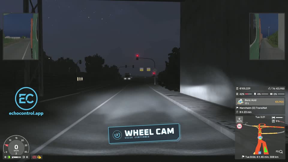 Euro Truck Simulator 2 bumper camera at night as the driver says wheel cam