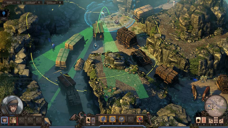 Shadow Tactics showing Hayato's rock throw arc after the voice command
