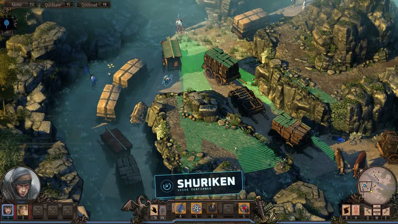 Shadow Tactics mission seen from above as the player says shuriken to EchoControl