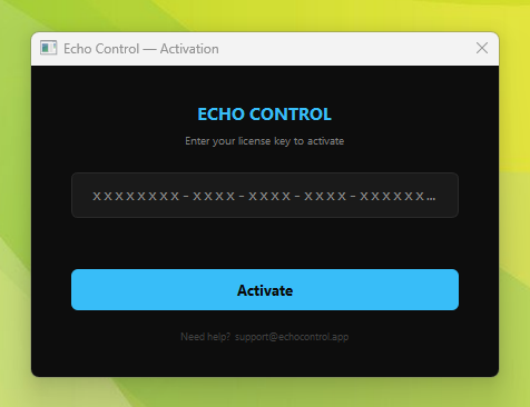 EchoControl license key activation screen