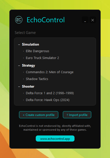 EchoControl Select Game screen