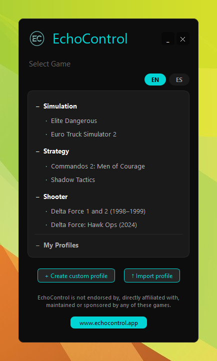 EchoControl Select Game screen with the EN / ES language buttons