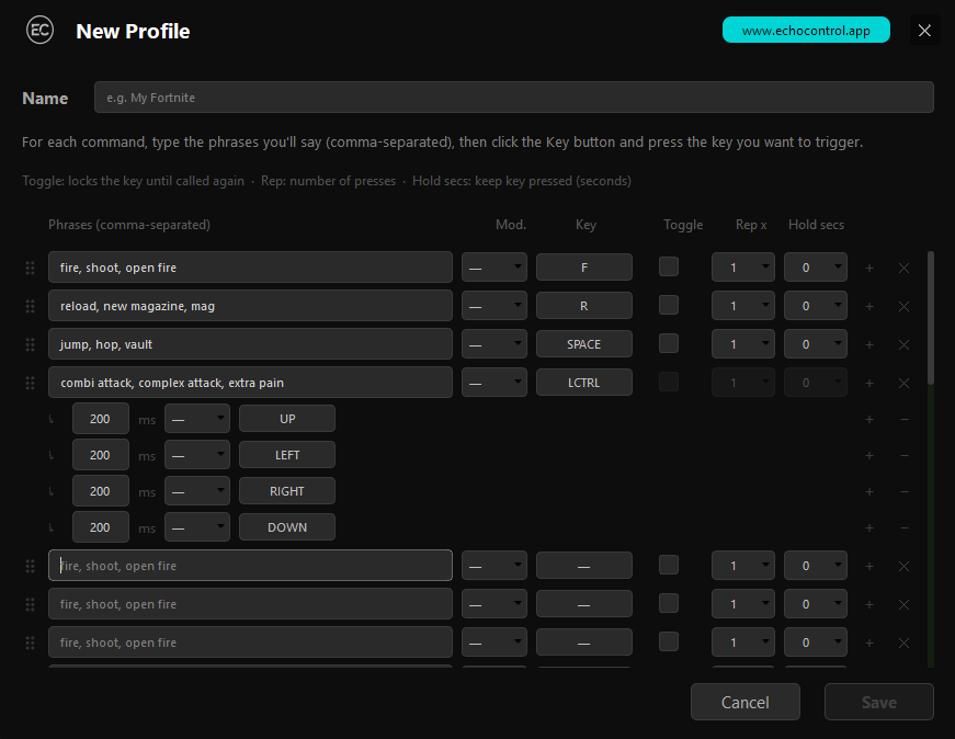 EchoControl Custom Profile editor — define phrases and assign keys