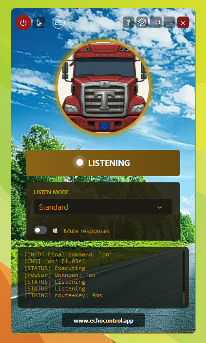 EchoControl's Euro Truck Simulator 2-themed voice control overlay, listening in the background while you drive
