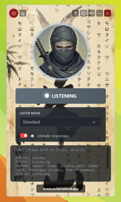 EchoControl's Shadow Tactics-themed voice control overlay, listening in the background during gameplay